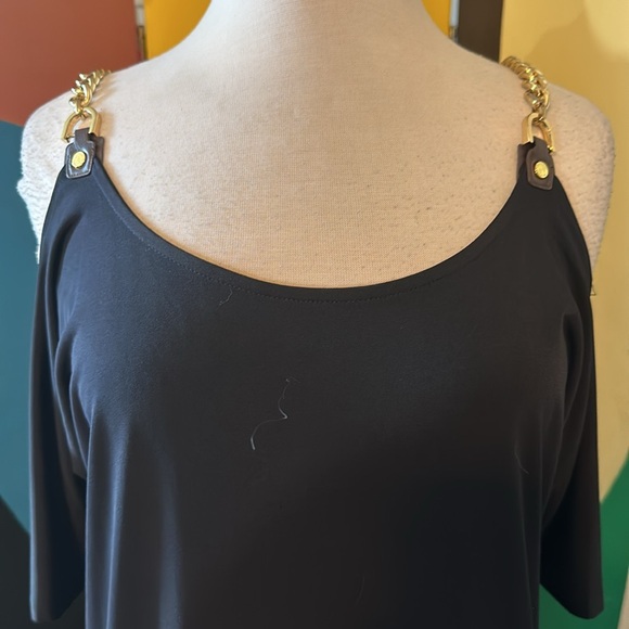 NWT “Michael Kors” black mini dress w/ gold chain and leather sleeve trim - Picture 2 of 6